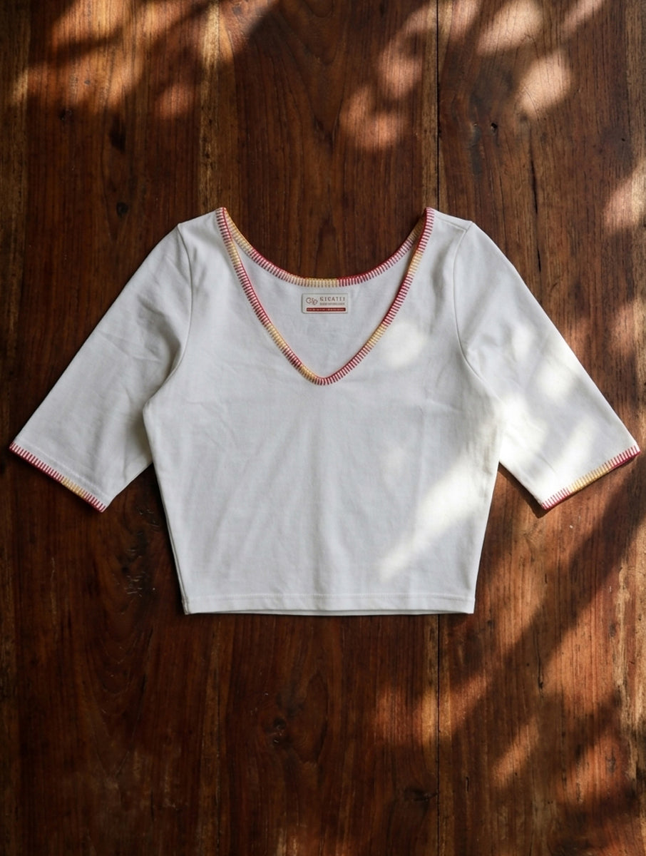White Hand Embroidered Stretchable Blouse/Crop Top