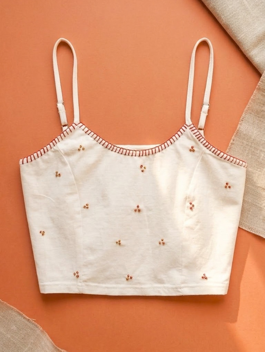 White Hand Embroidered Stretchable Spaghetti Blouse/Crop Top