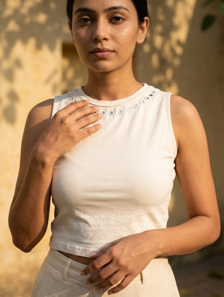 White Jewel Mirror Hand Embroidered Stretchable Highneck Blouse/Crop Top
