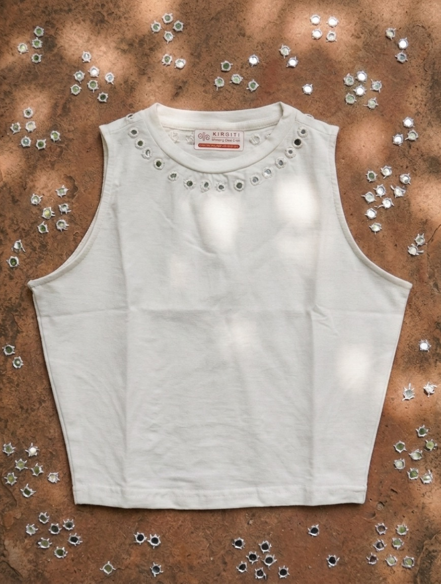 White Jewel Mirror Hand Embroidered Stretchable Highneck Blouse/Crop Top
