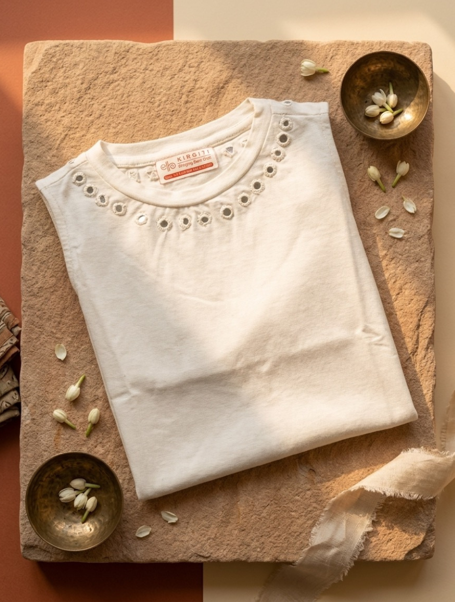 White Jewel Mirror Hand Embroidered Stretchable Highneck Blouse/Crop Top