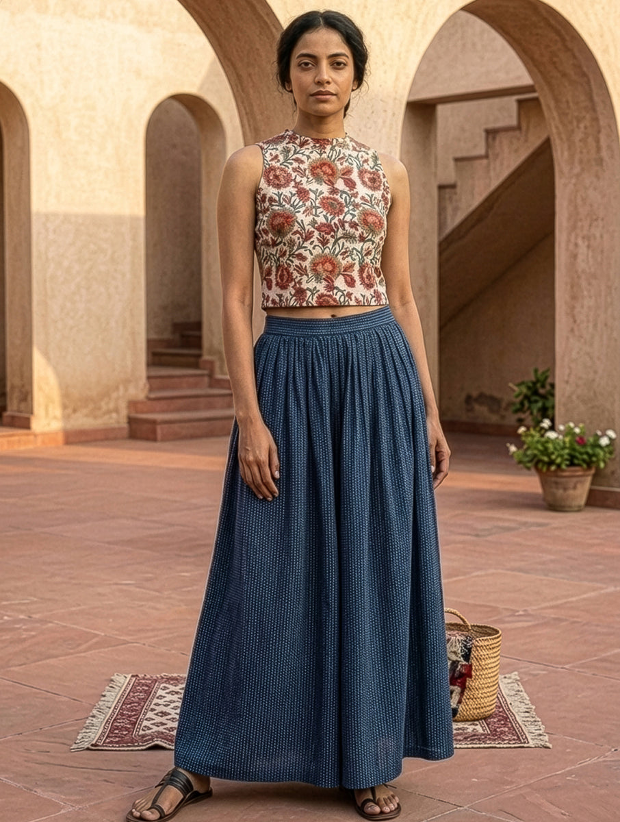 White Red Jaal Sanganeri Printed Stretchable High Neck Blouse/Crop Top