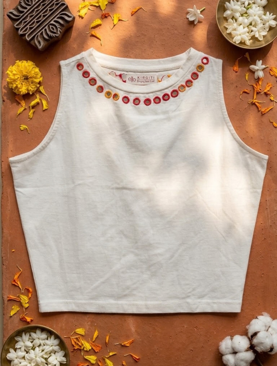 White Jewel Multi Mirror Hand Embroidered Stretchable Highneck Blouse/Crop Top