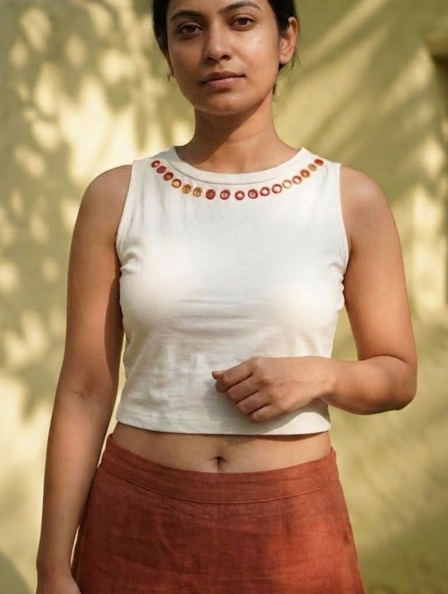 White Jewel Multi Mirror Hand Embroidered Stretchable Highneck Blouse/Crop Top