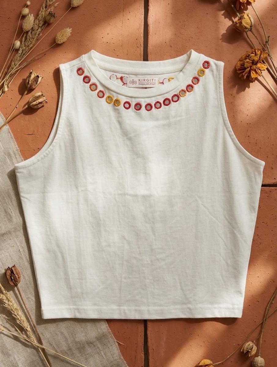 White Jewel Multi Mirror Hand Embroidered Stretchable Highneck Blouse/Crop Top