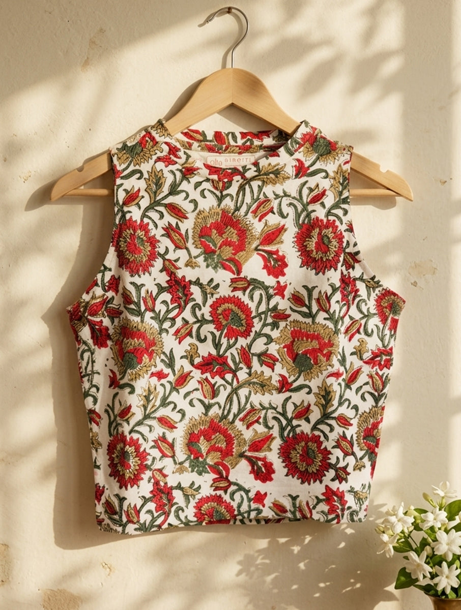 White Red Jaal Sanganeri Printed Stretchable High Neck Blouse/Crop Top