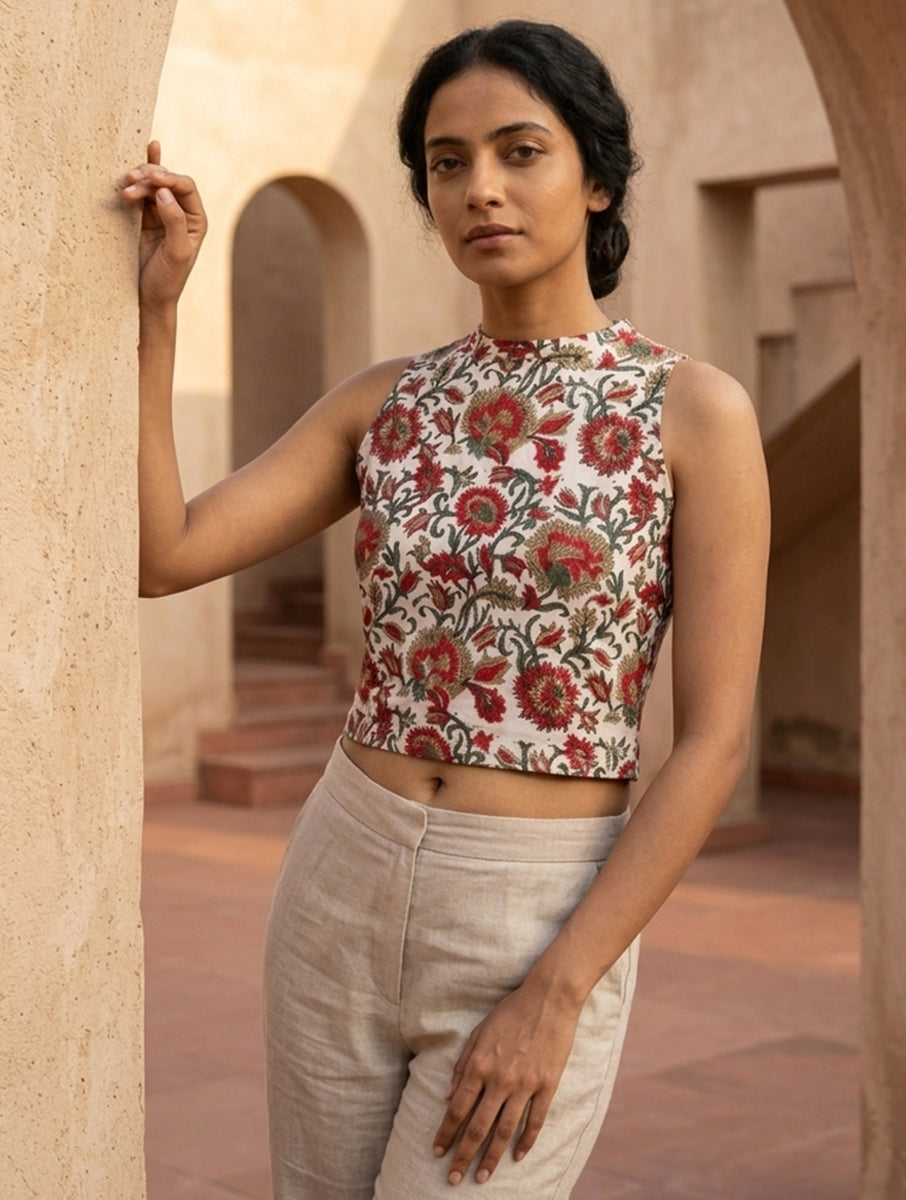 White Red Jaal Sanganeri Printed Stretchable High Neck Blouse/Crop Top