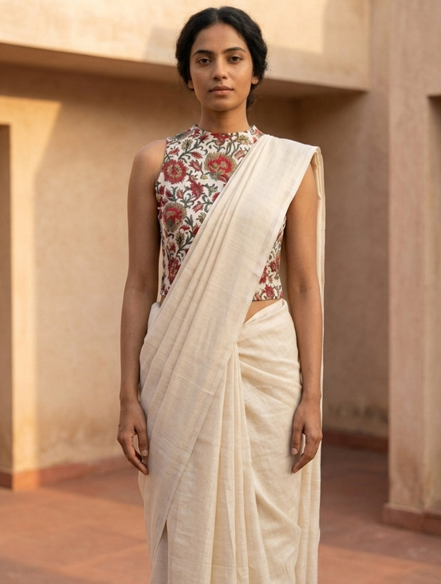 White Red Jaal Sanganeri Printed Stretchable High Neck Blouse/Crop Top