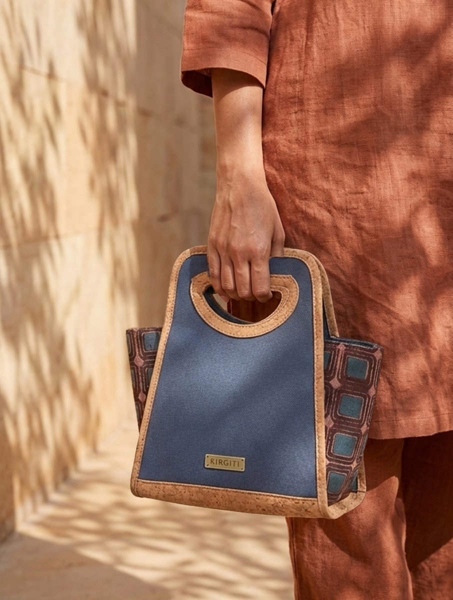 Indigo Wine Multi Box Dabu Printed and Vegan Leather Basket Hand Bag cum Sling Bag