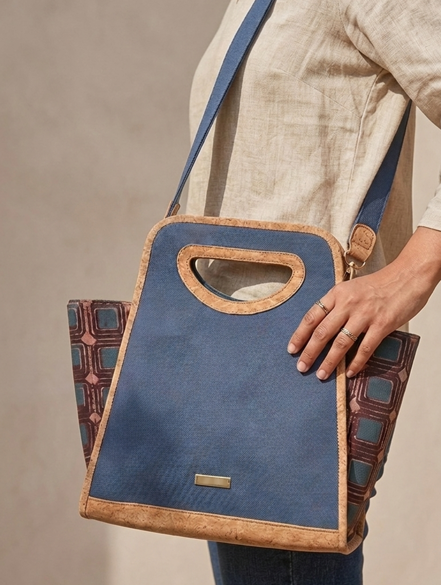 Indigo Wine Multi Box Dabu Printed and Vegan Leather Basket Hand Bag cum Sling Bag