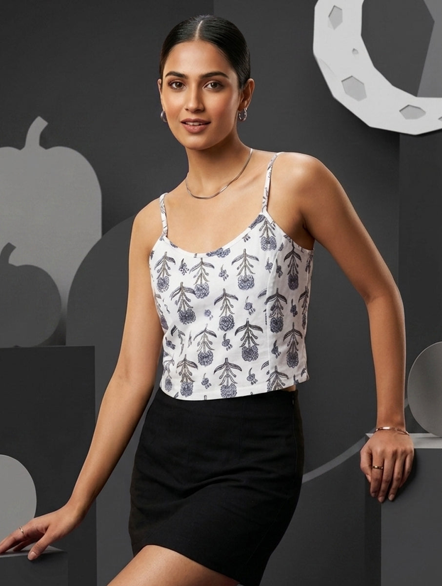 Grey white Guldasta Sanganeri Printed Stretchable Spaghetti Blouse/Crop Top