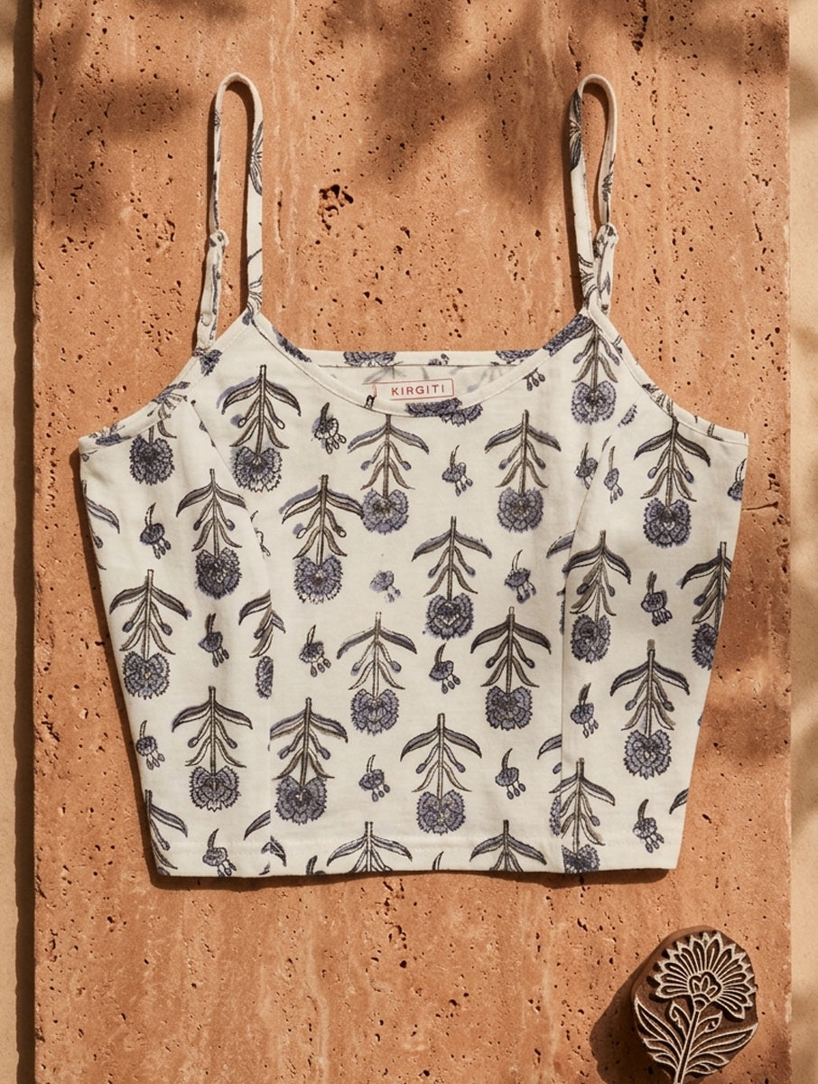 Grey white Guldasta Sanganeri Printed Stretchable Spaghetti Blouse/Crop Top