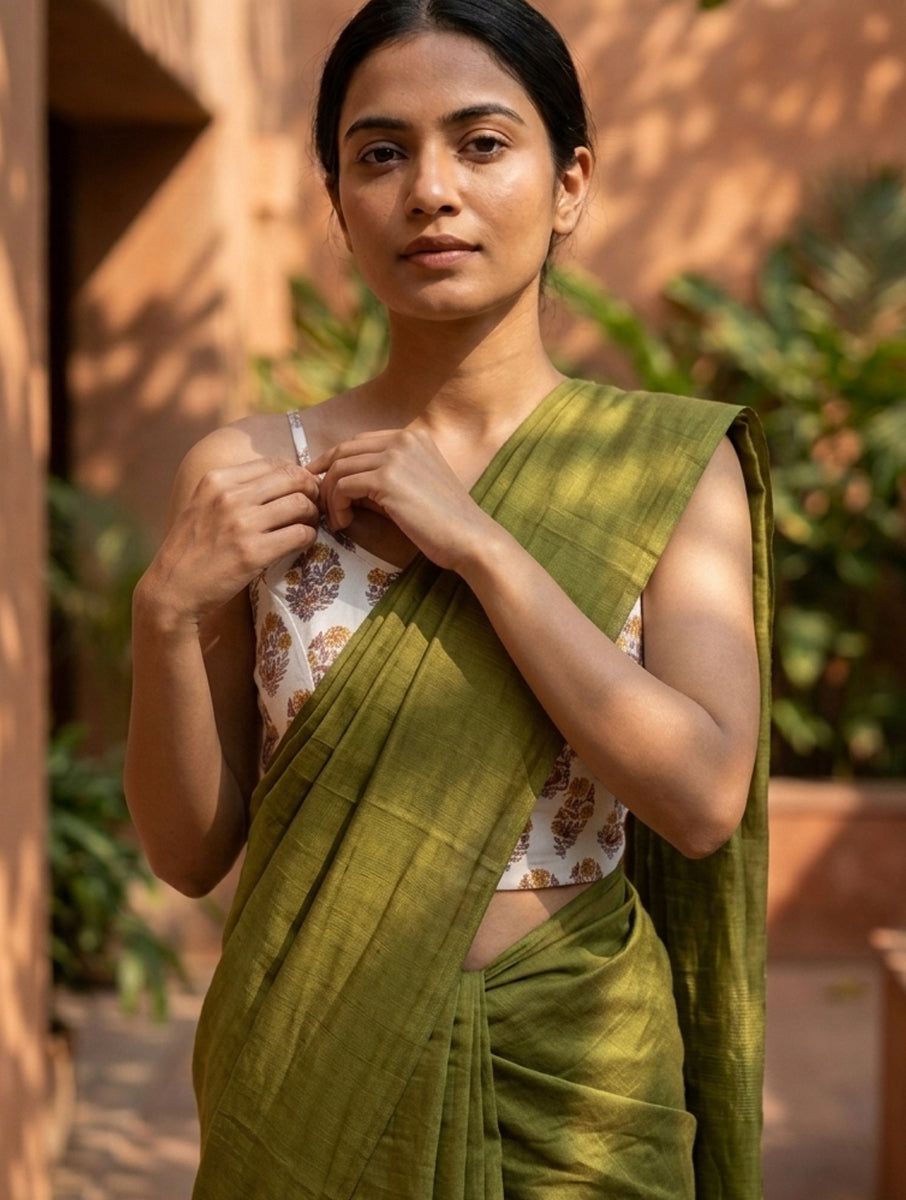 Mustard White Guldasta Sanganeri Printed Stretchable Spaghetti Blouse/Crop Top