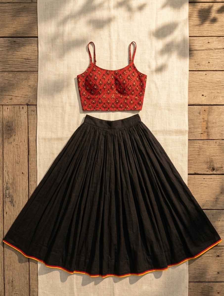 House of Tai Handcrafted Haryanvi Black Dhaman - 32 Kali Heritage Flared Skirt