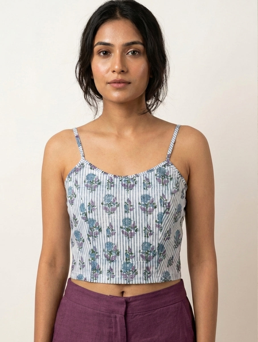 Purple Lined Boota Sanganeri Printed Stretchable Spaghetti Blouse/Crop Top