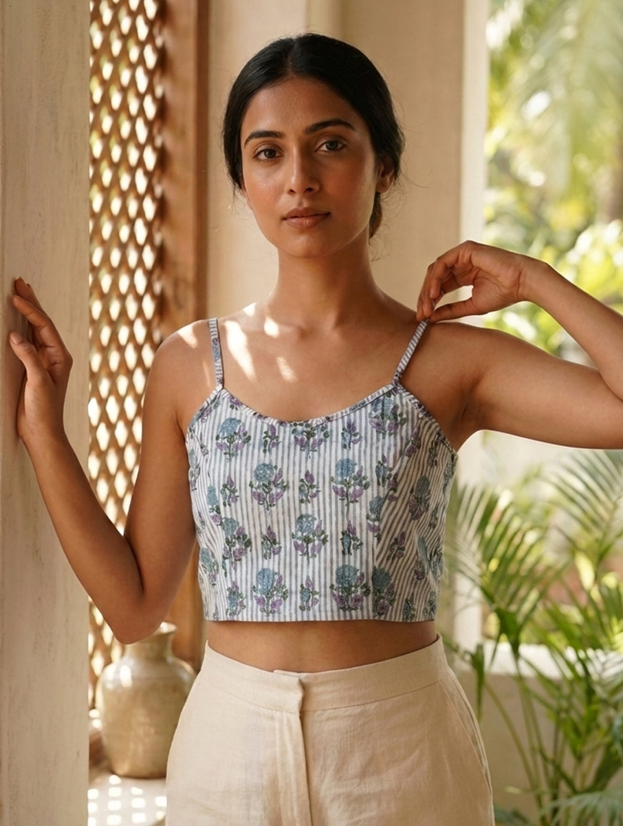 Purple Lined Boota Sanganeri Printed Stretchable Spaghetti Blouse/Crop Top