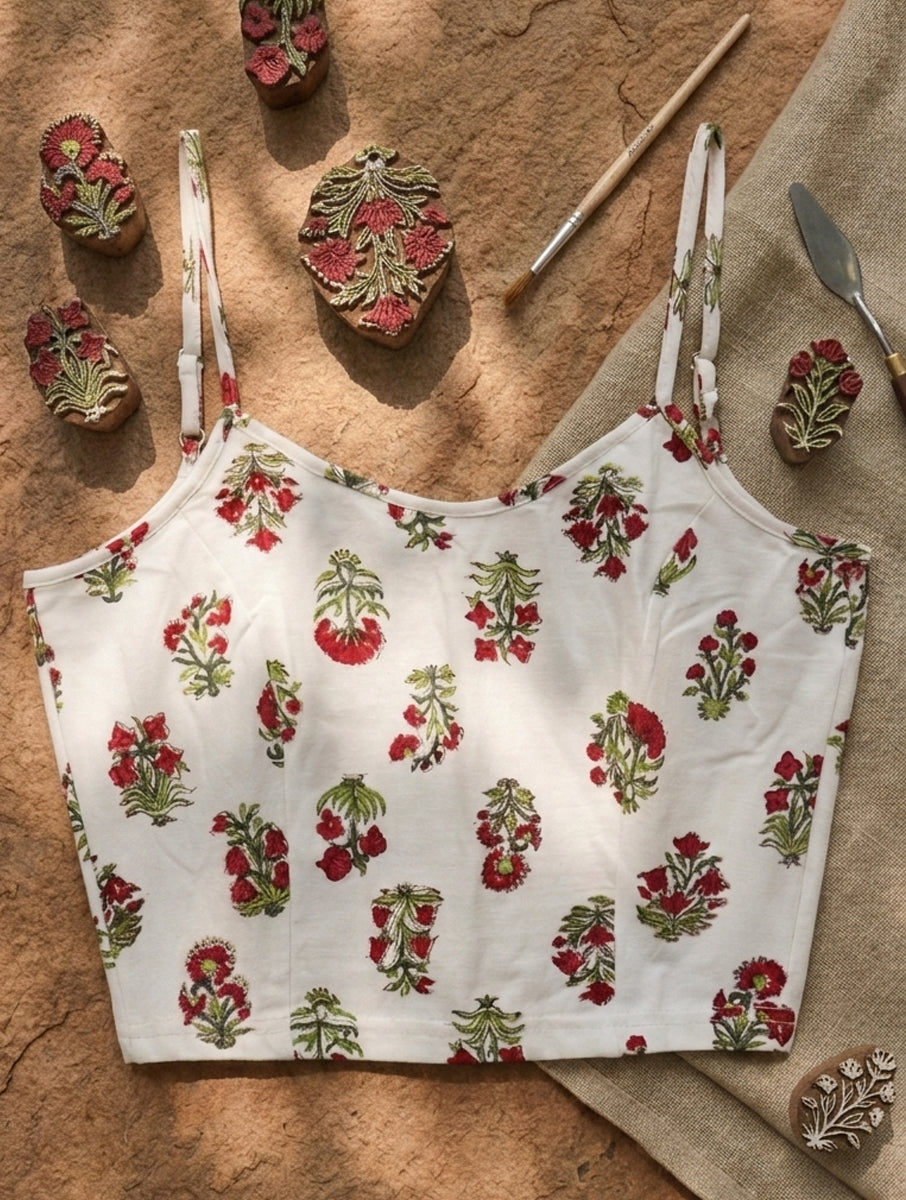 White Guldasta Sanganeri Printed Stretchable Spaghetti Blouse/Crop Top